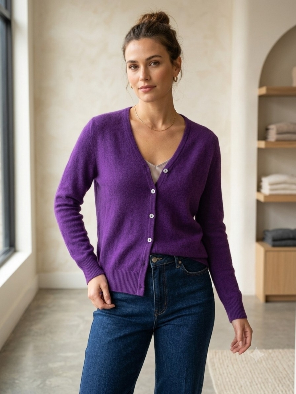 100% Cashmere V-Neck Button Cardigan Sweater Purple Size S 2-Ply Knit